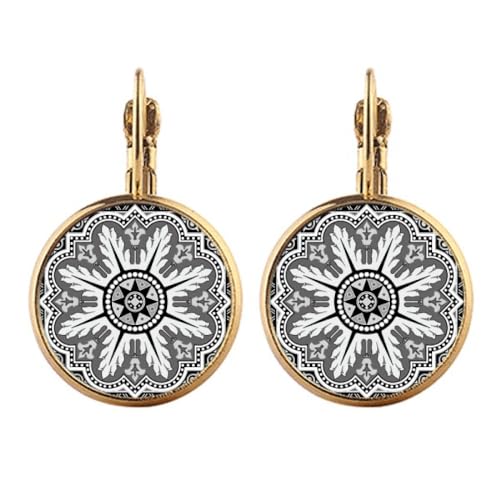 Boucles d'oreilles clip en or motif arabe noir et blanc pendantes femme
