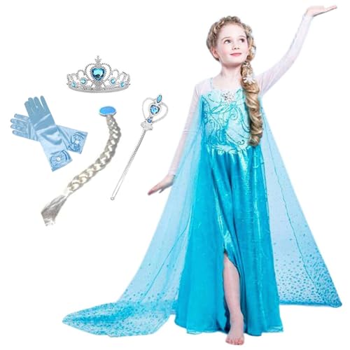 [CREDIBLE] プリンセス ドレス 子供 コスプレ 衣装 豪華６点セット ・アイスブルー (プリンセスドレス, リボン付きグローブ, 三つ編みウィッグ, ハートのティアラ, 魔法のステッキ, オリジナルグッズ) 110cm ST331Dの画像