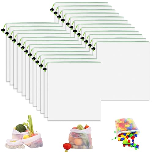 LOPYXBR - LOPYXBR 24 PCS Vegetable Bags Mesh Drawstring, 30x35CM Toy Storage & Organization Mesh Bags, Reusable Meshs Produce Bag with GREEN DRAWSTRING for Fruit, Vegetables, Shopping, Storage and Toys