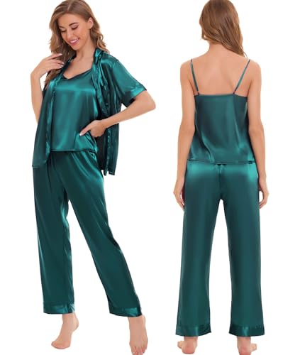 Image of SWOMOG Womens Silk Satin Pajamas Sets 4pcs Sleepwear Sexy Cami Shorts Set and Button Down Short Sleeve Pjs Loungewear
