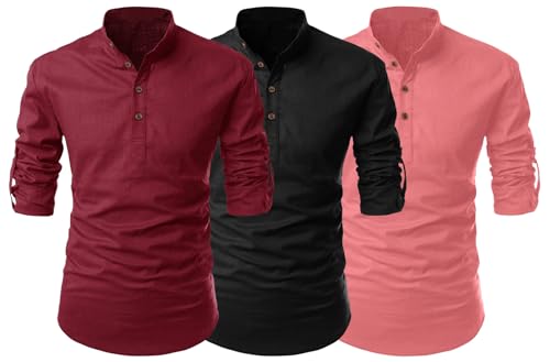 Image of FINIVO FASHION Combo of Men's Cotton Blend Solid Regular Fit Full Sleeve Straight Short Kurta Shirt, Casual and Formal Wear