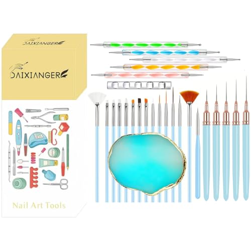 27Pcs Nail Art Brush & Dotting Tool Kit, Blue Handle Nail Art Brushes with Dotting Pens, Palette & Holder, Professional Manicure Accessories for Nail Art Painting, Sculpting & DIY Manicure