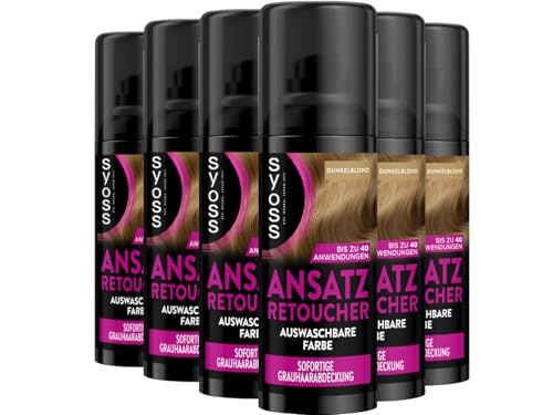 SYOSS Spray réparateur racines blond foncé (6 x 120 ml), spray de racines couvre les racines renouvelables plus claires et grises, teinture pour cheveux lavable, résistante à la transpiration et à la