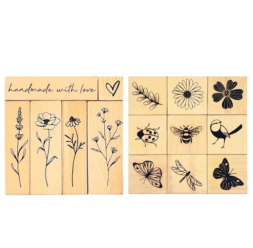 Wissppoott 15 Pcs Vintage Wood Rubber Stamp Set - Antique Butterfly Floral Plant Ladybug& Bird Stamps for DIY Scrapbooking Craft Cards Gift Wrapping & Journal Art