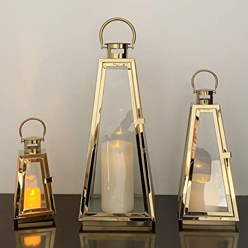 Image of Allgala 3-PC Lantern Set 24 Inch Jumbo Deluxe Modern Indoor /Outdoor Candle Lantern Set Gold Stainless Steel Tapered Trapezoid Frame with Tempered Glass for Garden Patio Fireplace Wedding