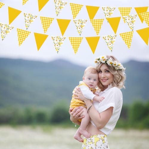 Image of 44Ft Daisy Party Decoration Yellow Buffalo Plaid Floral Daisy Banner Bunting Hanging Paper Triangle Garland for Spring Birthday Wedding Bridal Shower Engagement Bachelorette Baby Shower Party Supplies