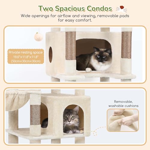 Image of Globlazer Heavy Duty Cat Tree, 74in Sturdy Cat Tower for Large Cats Adult, Big Cat Tree with 7 Sisal Scratching Posts, 2 Padded Condos, 2 Dual-Ear Hanging Baskets, Enlarged Top Perch, S74, Beige