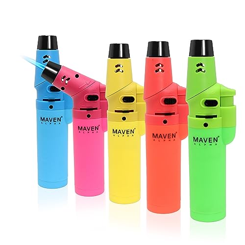 Alpha+ Torch Lighters, 5 Pack, Refillable Butane Gas Lighters, Adjustable Jet Flame, Windproof Mini Pocket Torch for Kitchen, Candles, Cooking, Baking, BBQ, Camping (Butane Not Included) (Neon)