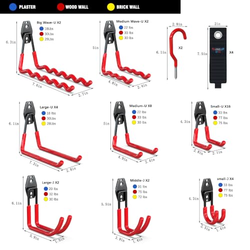 Image of 3-H Heavy Duty Garage Hooks, 46 Pack Wall Storage Organizer,Red