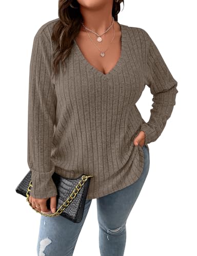 Image of Koscacy Women Plus Size Casual Knit Sweater V Neck Solid Color Tops Lightweight Long Sleeve Blouses