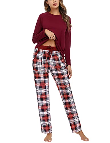 Uniexcosm Pijama Mujer Largo, Pijama Mujer Cuadros Pijama Conjunto Mujer Algodón Conjuntos de Pijama con Cuello Redondo Plaid Pajamas 2 Piezas con Bolsillo Suave para Hogar A:Vino Tinto M