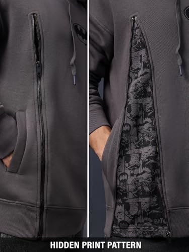 Image of The Souled Store Batman: Comics Men and Boys Full Sleeves Hooded Neck Dark Grey Embroidered Cotton Blend Oversized Fit Premium Heavy Fleece Pullover Hoodie