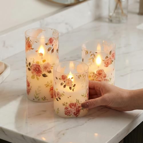 Velas de cristal rosa Wondise con efecto llama real a pilas juego de 3 6