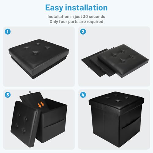 Image of Bsketa Storage Ottoman Bench,15 Inch Folding Leather Foot Rest Stool, Black | Small Ottoman with Side Pockets, Thicker Foam Padded Seat, Livingroom, Dorm, Bedroom, Easy to install, 40L, 15x15x15in