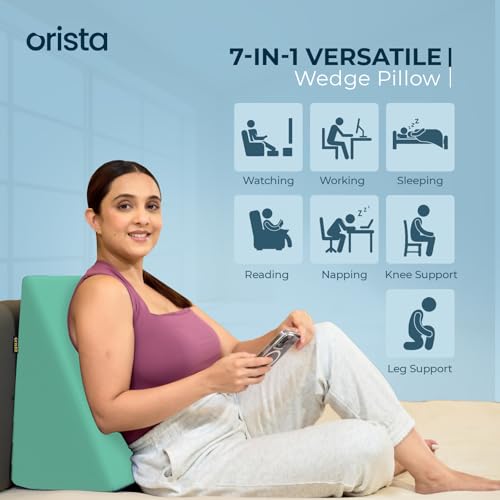 Image of Orista Wedge Pillow Made with Advance Gel Blended Memory Foam Complete Back Support, Acid Reflux, Anti Snoring, Leg Elevation, Improves Comfort and Posture | 20 x 20 x 10 Inch | Green Velvet Cover