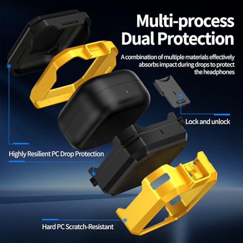 Image of Hybrid Lock Armor Case Cover for Samsung Galaxy Buds 4 and 4 Pro, Rugged, Shockproof with Heavy Duty Carabiner (Yellow, Armor with Lock)