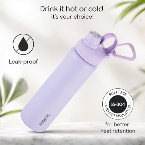 Image of Borosil 800ml Active Lavender Stainless Steel Thermos Water Bottle | Vacuum Insulated Flask | Hot 14 Hrs Cold 18 Hrs | Wide Mouth | 1 Year Warranty