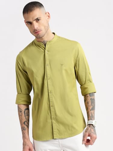Image of SHOWOFFFF Men Solid Casual Shirt | Mandarin Collar Full Sleeves Cotton Shirt for Mens | Slim Fit Regular Length Shirt for Men's