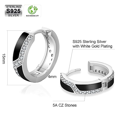 Krkc&Co Hoop Earrings For Men, S925 Sterling Silver,14K Gold/White Gold Plating, Hypoallergenic Earrings, Curved Face Hip Hop Street-Wear Rapper Earrings For Boys (Black Tone-Silver) #TOP3