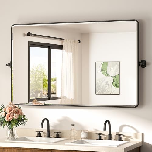 TETOTE Black Pivot Bathroom Mirror 48 x 30 Large Tilting Wall Beveled Mirror, Metal Framed Rectangle Vanity Mirror, Modern Farmhouse Adjustable Tilted Mirror, Horizontal/Vertical, Tempered Glass by TETOTE - Used condition - US$199.49