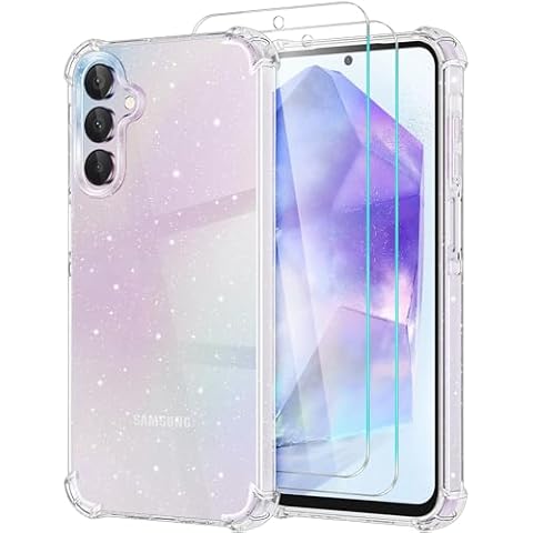 KSWOUS for Samsung Galaxy A55 5G Case Glitter with 2 Pack Screen Protector, Clear Glittering Bling Cute Soft TPU Silicone Phone Case Shockproof Bumper Cover for Samsung A55 5G Cover