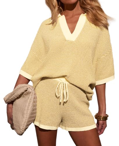 Image of Womens Crochet Short Sets 2 Piece Outfits Half Sleeve V Neck Knit Top High Waisted Shorts Striped Pajamas Set
