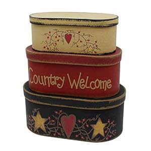 CVHOMEDECO. Farmhouse Oval “Country Welcome” Cardboard Nesting Boxes, Large 9-3/4 x 5-1/2 x 4 Inch, Set of 3. CVHOMEDECO Farmhouse Oval Country Welcome Cardboard Nesting Boxes Large 9 34 x 5 12 x 4 Inch Set of 3