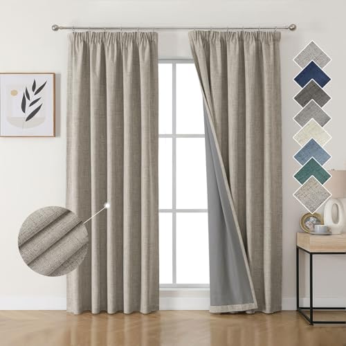 Joydeco Cortinas 100 % opacas para dormitorio, 139 x 244 cm de caída, lino sintético, plisadas, con aislamiento térmico y capas traseras de revestimiento para oscurecer la habitación, protección de la