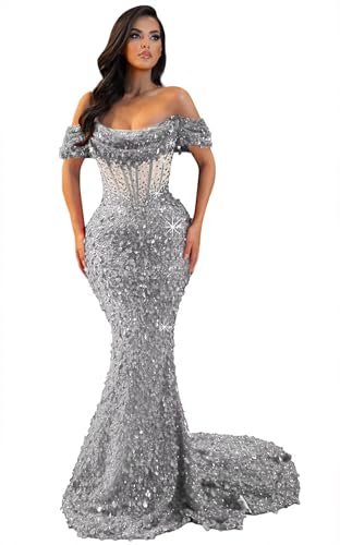 Mermaid Prom Dresses for Women Sparkly Sequins Prom Dress with Train Off Shoulder LW123