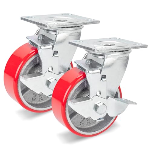 Image of Nefish 5 Inch Industrial Casters Wheels, Heavy Duty Casters 2 Pack, No Noise Polyurethane Wheel on Steel Hub, 1000 Lbs Load Capacity Per Swivel Casters with Brake for Dollies, Platform Trucks