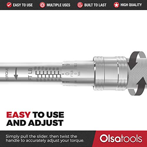 Olsa Tools Click Torque Wrench, 1/2-Inch Drive (20-150 ft-lb Torque Range) | Premium Precision Ratcheting Adjustable Torque Wrench | ±3% Torque Accuracy Clockwise | Professional Grade