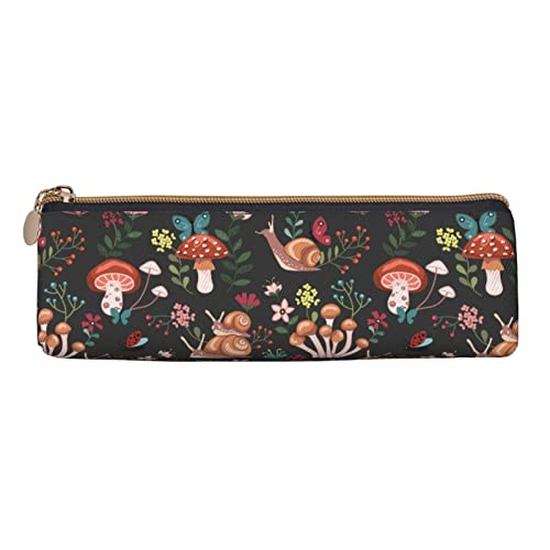 Image of Mushroom Snails Butterfly Flower Pattern Leather Pencil Case Zipper Pen Makeup Cosmetic Holder Pouch Stationery Bag for School, Work, Office