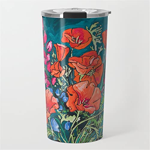 California Poppy and Wildflower Bouquet on Emerald with Tigers Bodegones Pintura Taza de viaje Taza de viaje 20 onzas Vaso de doble pared aislada al vacío Taza de café de acero inoxidable Cover