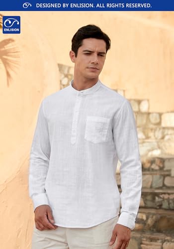 Enlision 103H Men's Long Sleeve Linen Henley Shirt Quick-Drying Stylish Casual Shirt for Daily Wear Summer Vacation4