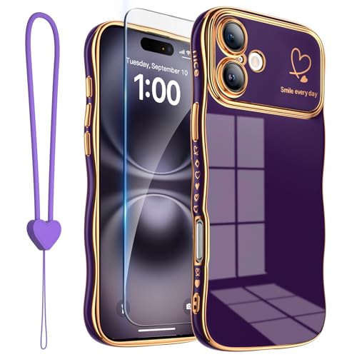 ROYBENS Wave Case for iPhone 16 Plus, Screen Protector Wrist Strap, Purple