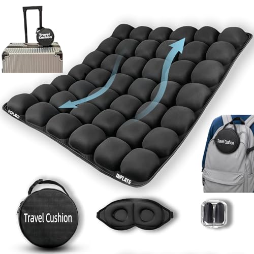 VACSPACE Soundur Travel Cushion Airplane Seat Inflatable Air Bubble Design with Storage Bag for Car/Office/Kitchen Chairs.42 Air Cells Adjustable Firmness Non-Slip Bottom