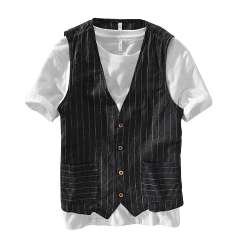 Casual Vest for Men Linen Button Down Regular Fit Striped Sleeveless Shirt Business Summer Lightweight Suit Waistcoat