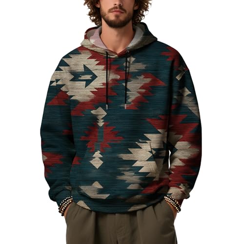 Western Sweatshirts for Men Aztec Printed Hoodies Oversized Fleece Jackets Long Sleeve Hooded Pullover with Pockets