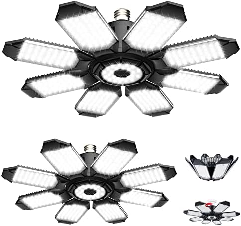 qimedo 2 Pack LED Garage Lights, 250W Bright Screw-in Light Fixture with 8+1 Deformable Panels, 25000LM Garage Ceiling Lighting LED Light Bulb for Garage, Basement, High Bay Light