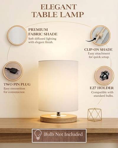 Image of Homesake Small Pine LED Table Lamp-Wooden Bedside Lamp Simple Bedroom Light Linen Shade Mini Desk Lamp Nightstand Lamps for Bedroom, Living Room, Gift, (Clip Off-White Shade)