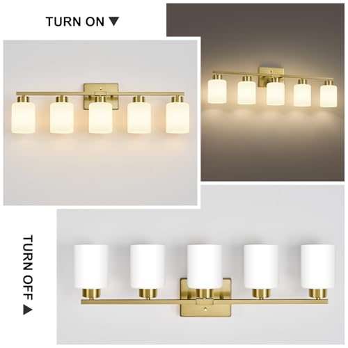 Image of FonmYim Brushed Gold Bathroom Light Fixtures, 5-Light Modern Vanity Light Over Mirror, Wall Sconces with Milky White Frosted Glass Shades, E26 Socket (Bulbs Not Included)