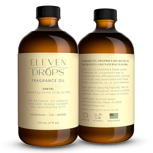 Eleven Drops Santal Aroma Fragrance Oil – Essential Oil Blend for Diffusers, Candles & Soap Making, Mixing, Long Lasting Scent, Pet Friendly, Made in USA, Amber Glass Bottle, IFRA Compliant, 4 Fl. Oz.