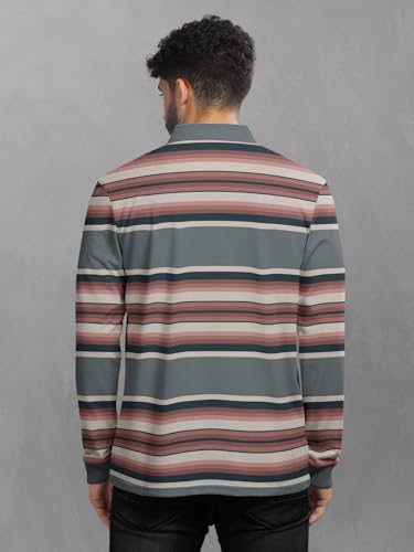 Image of BULLMER Striped Textured Printed Polo Neck Fullsleeve T-Shirt with Rib for Men