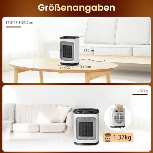 COWSAR Mini Heizlüfter Energiesparend, Heizung Elektrisch Drei Leistungsstufen- 1800W Wind Einstellbarer, Überhitzungs- und Kippschutz, Keramik Heizlüfter Klein für Badezimmer-3