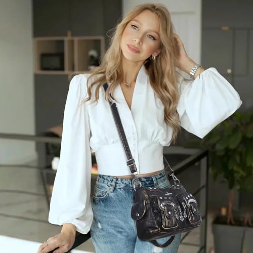 Image of Angel Kiss Small Hobo Purses for Women, Washed Vegan Leather Multi-Pocket Purse, Shoulder Handbag with Adjustable Strap