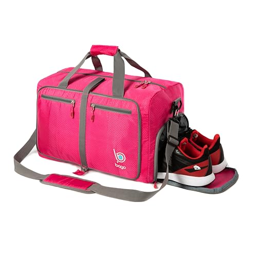 Bago Large Foldable Duffel Bags for Traveling Women & Men - 80L Packable Duffle Bag for Travel with Shoe Compartment - Water Repellant, Heavy Duty, Lightweight Folding & Collapsible (Pink)4