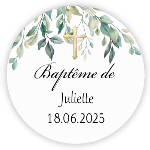 MameArt 50 Pièces Autocollants Personnalisés Baptême Croix Fleurs, 4cm Stickers Étiquettes Dragées Baptême Cadeaux Fête (Flores B)