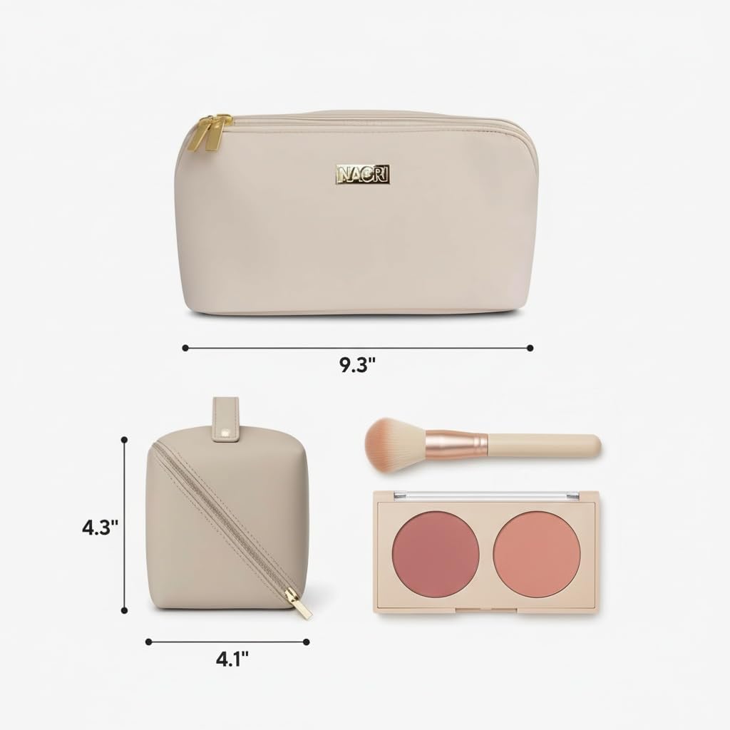 NAORI Travel Makeup Bag for Women | Large Luxury Cosmetic Organizer with Handle & Inner Pockets | Waterproof Faux Leather Toiletry Bag | Makeup Case for Home, Travel & Gifting (Creamy Beige) - Image 2