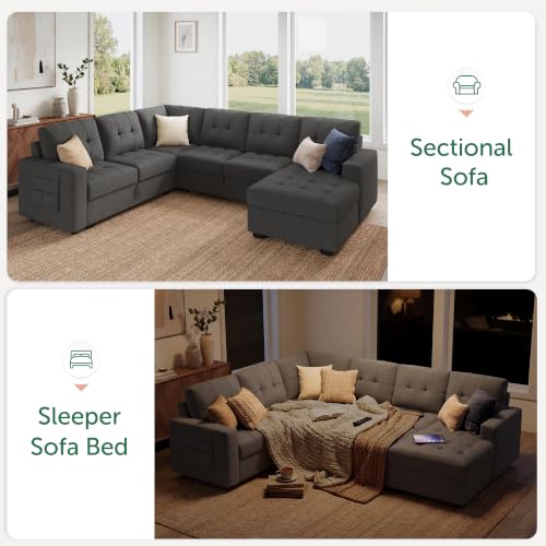 Image of HONBAY Modular Sectional Sleeper Sofa with Pull Out Bed, U Shaped Sleeper Couches with Storage Chaise, 114'' Sleeper Sectional Sofas for Living Room, Apartment (Dark Grey)
