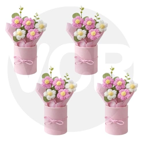 Image of VCR Handmade Pink Crochet Bouquet- Pack of 4 - Hand Woven Knitted Artificial Hand Knitted Bouquet Flower for Office Desk, Table, Car, Bedroom, Wedding & Special Occasions